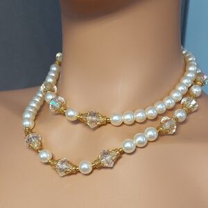 36" Long Necklace AB Coated Acrylic Beads Goldtone Faux Pearl